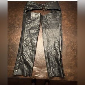 Unik Black Leather Biker Chaps with Laced Waist